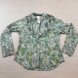Cino | Paisley Ruffle Button Up Shirt Green | Women's Medium